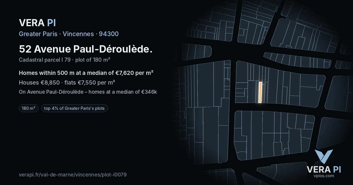 52 Avenue Paul-Déroulède, Vincennes at night – the plot lit, the parcels around coloured by the prices near them