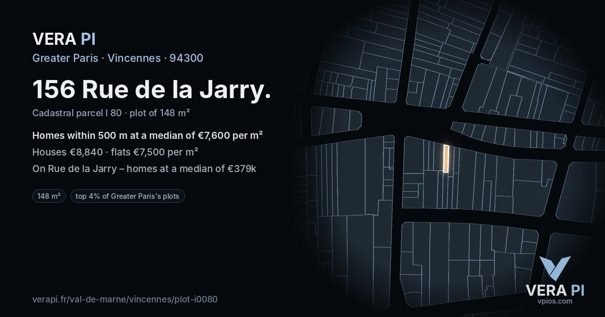 156 Rue de la Jarry, Vincennes at night – the plot lit, the parcels around coloured by the prices near them