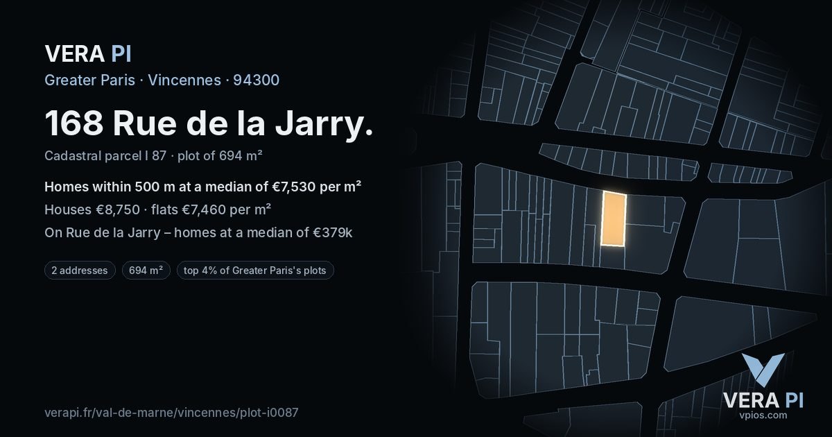 168 Rue de la Jarry, Vincennes at night – the plot lit, the parcels around coloured by the prices near them