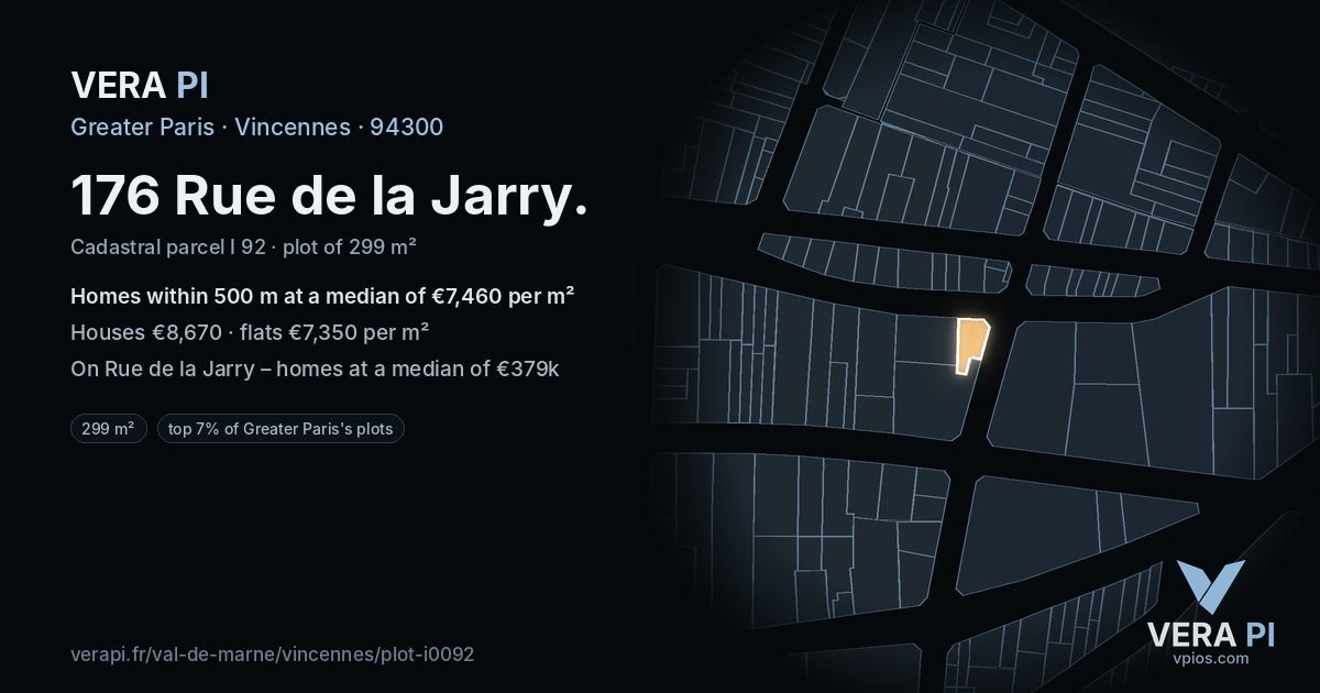 176 Rue de la Jarry, Vincennes at night – the plot lit, the parcels around coloured by the prices near them