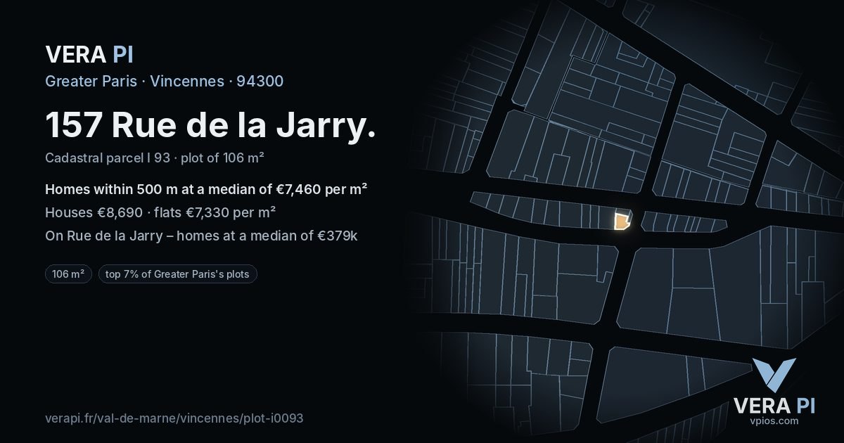 157 Rue de la Jarry, Vincennes at night – the plot lit, the parcels around coloured by the prices near them