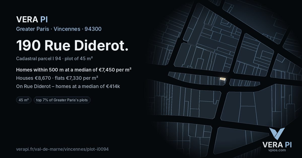 190 Rue Diderot, Vincennes at night – the plot lit, the parcels around coloured by the prices near them