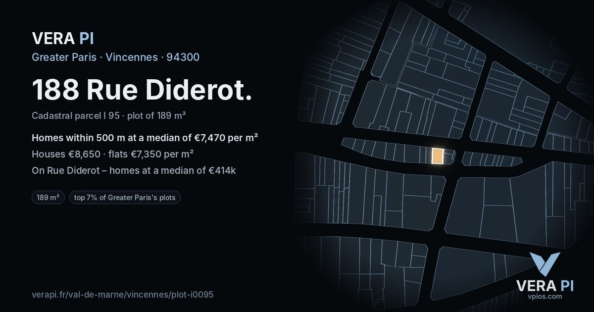 188 Rue Diderot, Vincennes at night – the plot lit, the parcels around coloured by the prices near them