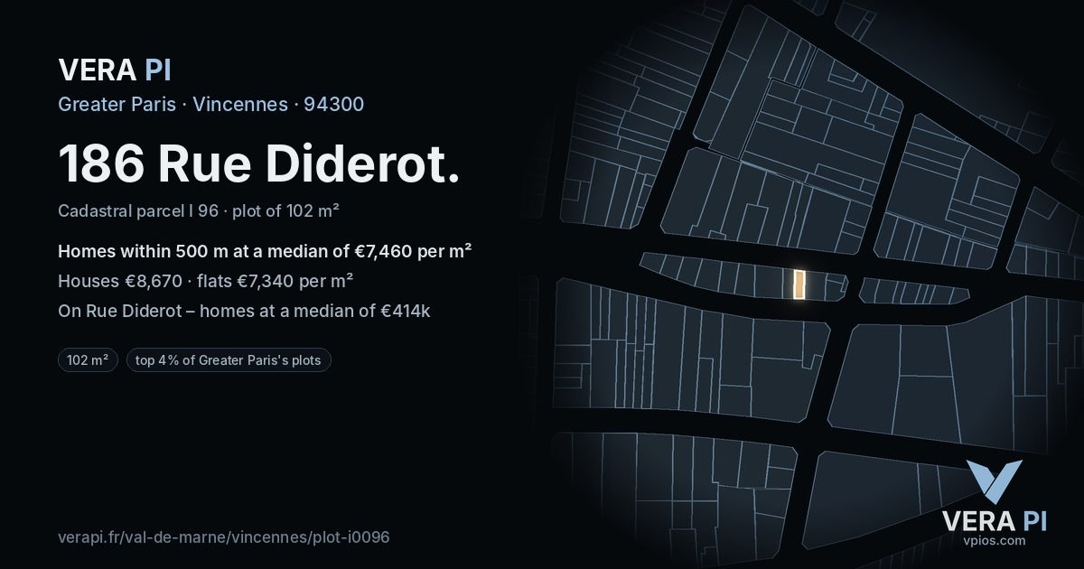 186 Rue Diderot, Vincennes at night – the plot lit, the parcels around coloured by the prices near them