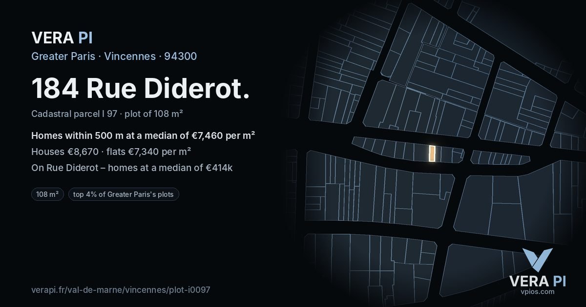 184 Rue Diderot, Vincennes at night – the plot lit, the parcels around coloured by the prices near them