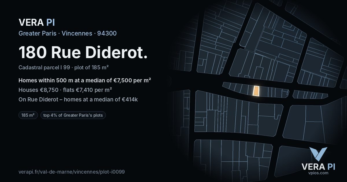 180 Rue Diderot, Vincennes at night – the plot lit, the parcels around coloured by the prices near them