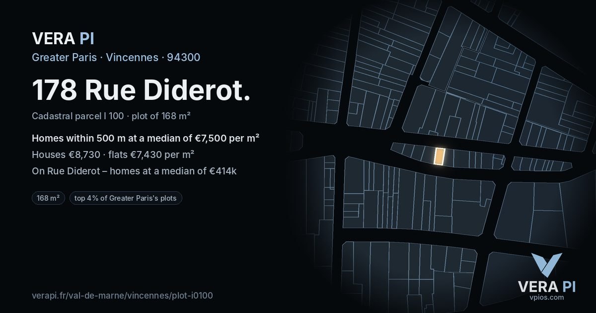 178 Rue Diderot, Vincennes at night – the plot lit, the parcels around coloured by the prices near them
