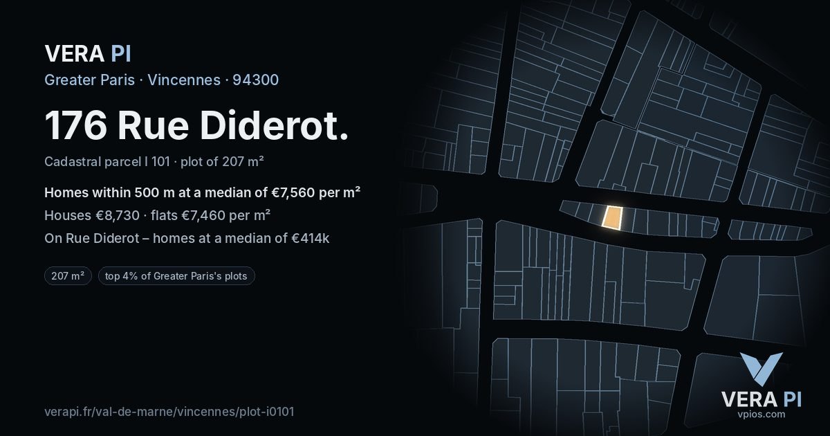 176 Rue Diderot, Vincennes at night – the plot lit, the parcels around coloured by the prices near them