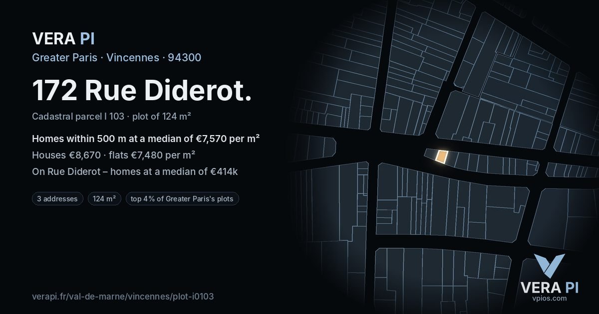 172 Rue Diderot, Vincennes at night – the plot lit, the parcels around coloured by the prices near them