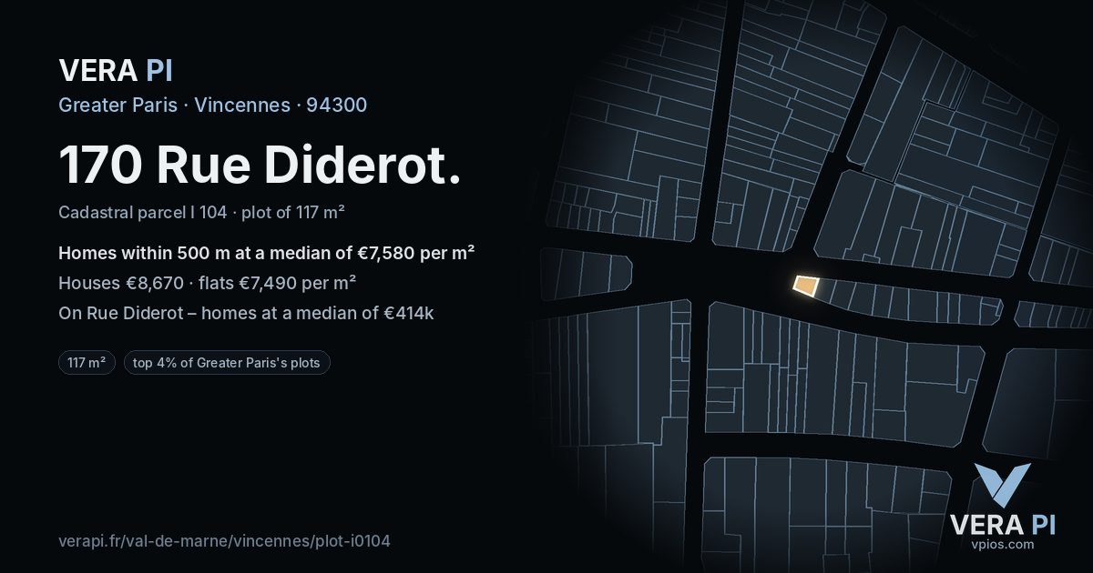 170 Rue Diderot, Vincennes at night – the plot lit, the parcels around coloured by the prices near them