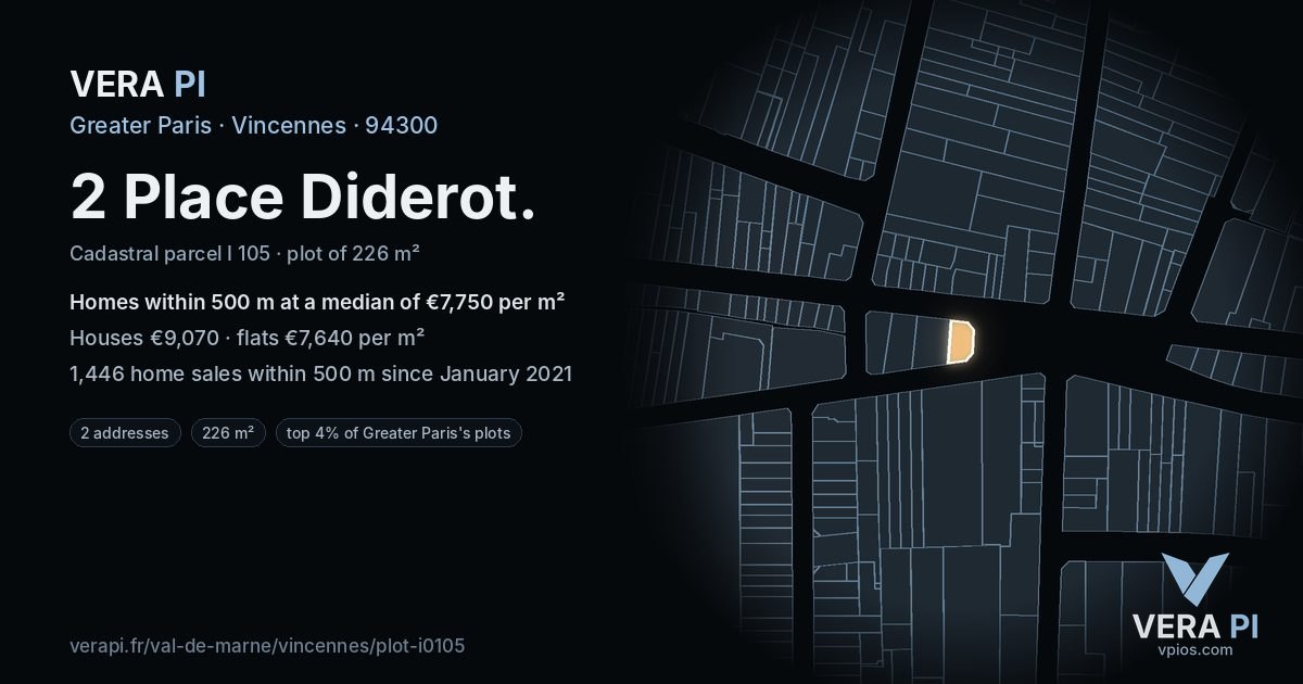 2 Place Diderot, Vincennes at night – the plot lit, the parcels around coloured by the prices near them