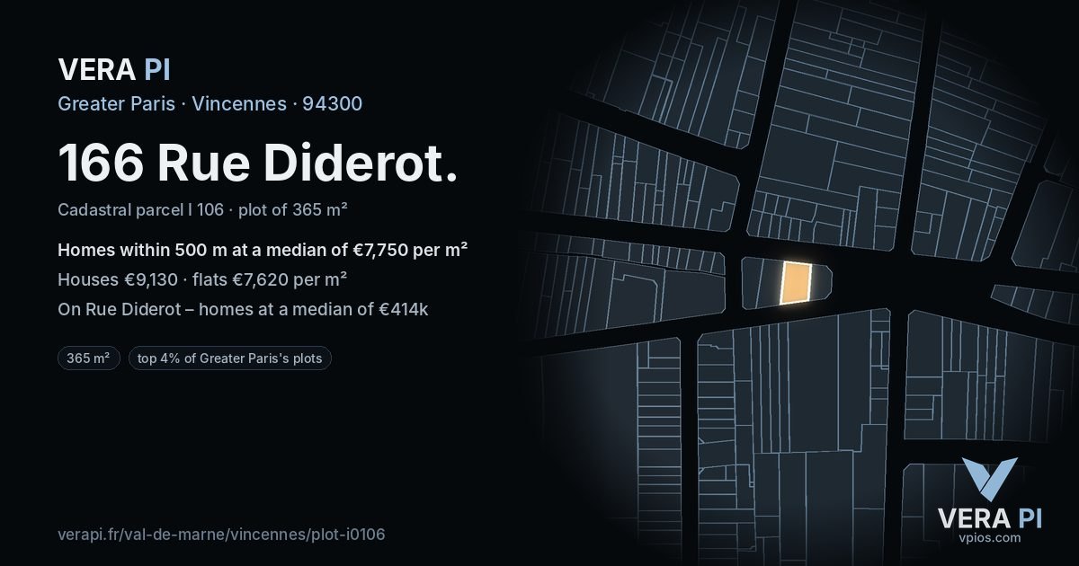 166 Rue Diderot, Vincennes at night – the plot lit, the parcels around coloured by the prices near them