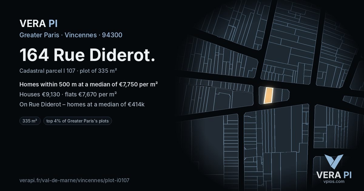 164 Rue Diderot, Vincennes at night – the plot lit, the parcels around coloured by the prices near them