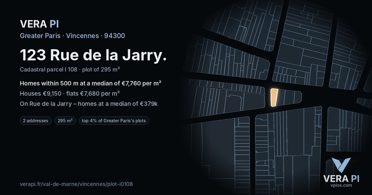 123 Rue de la Jarry, Vincennes at night – the plot lit, the parcels around coloured by the prices near them