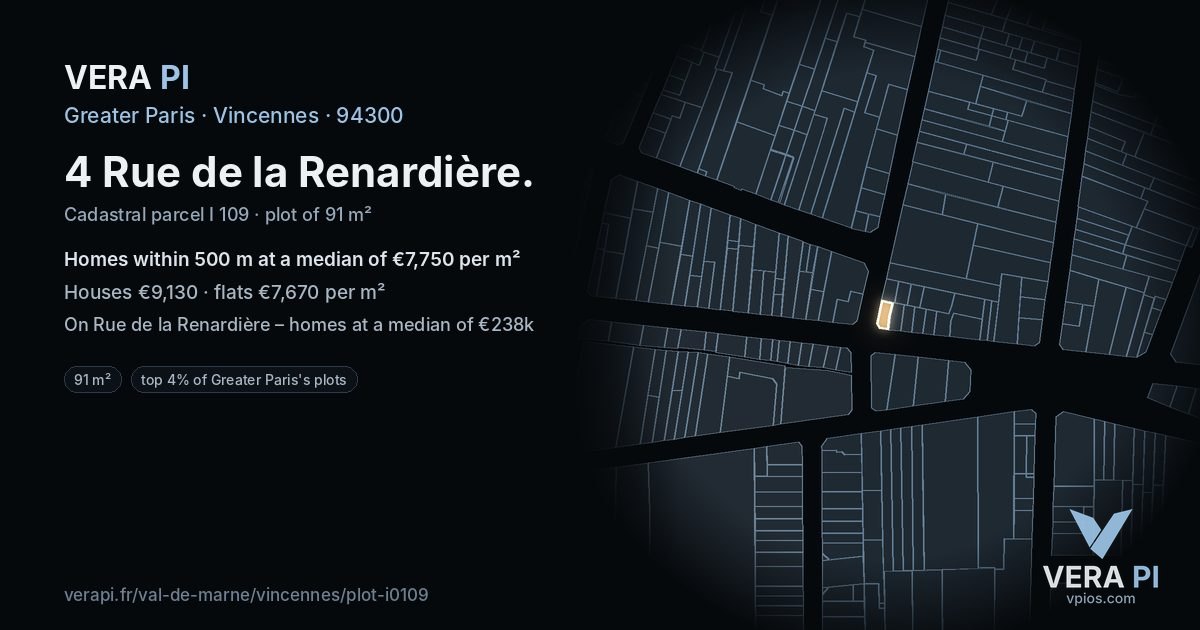 4 Rue de la Renardière, Vincennes at night – the plot lit, the parcels around coloured by the prices near them