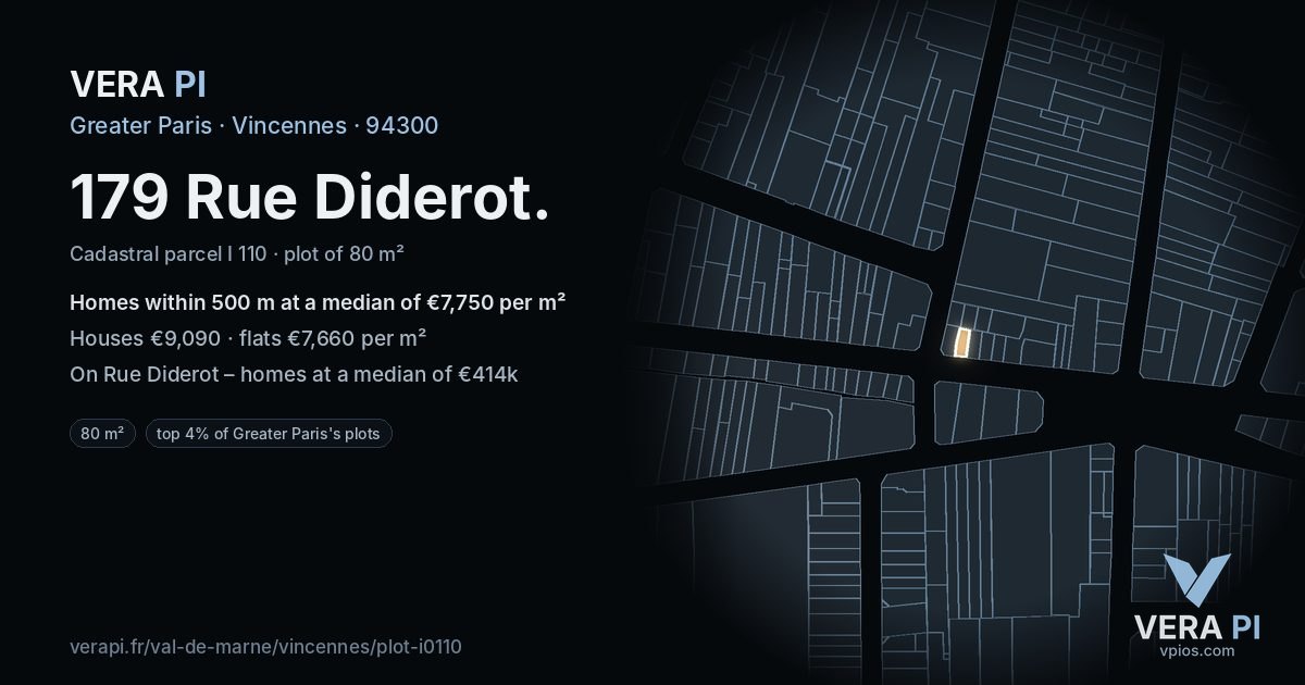 179 Rue Diderot, Vincennes at night – the plot lit, the parcels around coloured by the prices near them