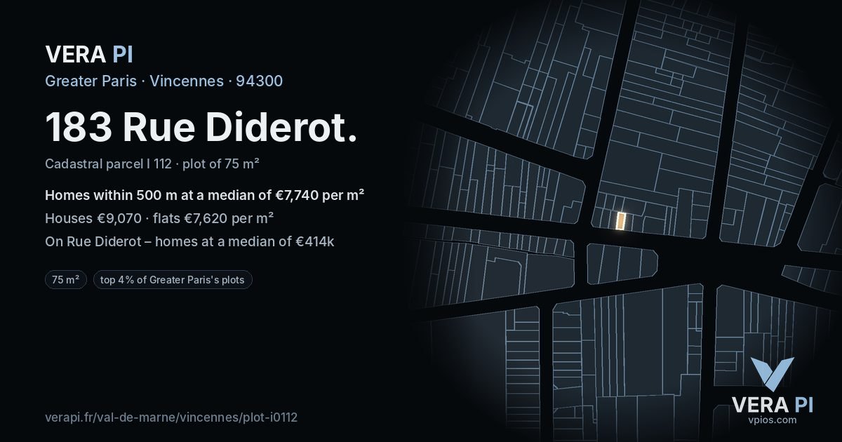 183 Rue Diderot, Vincennes at night – the plot lit, the parcels around coloured by the prices near them