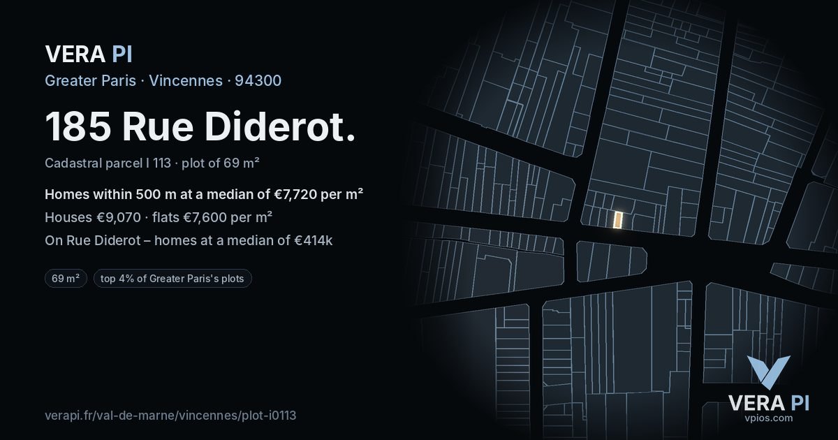 185 Rue Diderot, Vincennes at night – the plot lit, the parcels around coloured by the prices near them