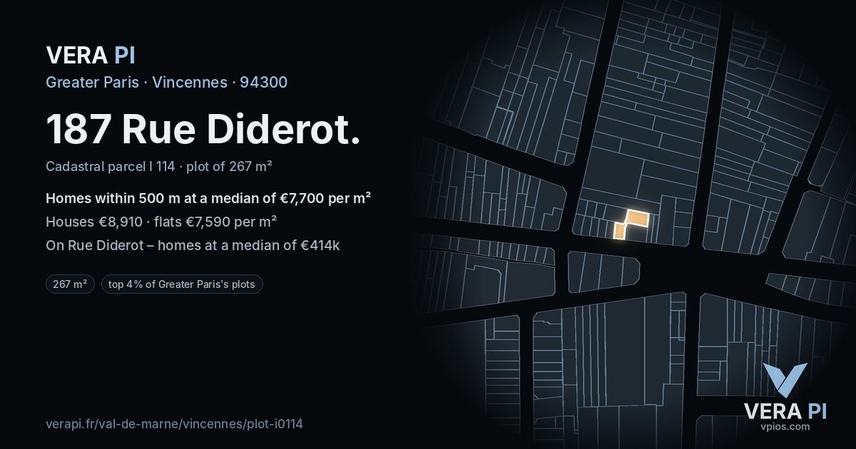 187 Rue Diderot, Vincennes at night – the plot lit, the parcels around coloured by the prices near them