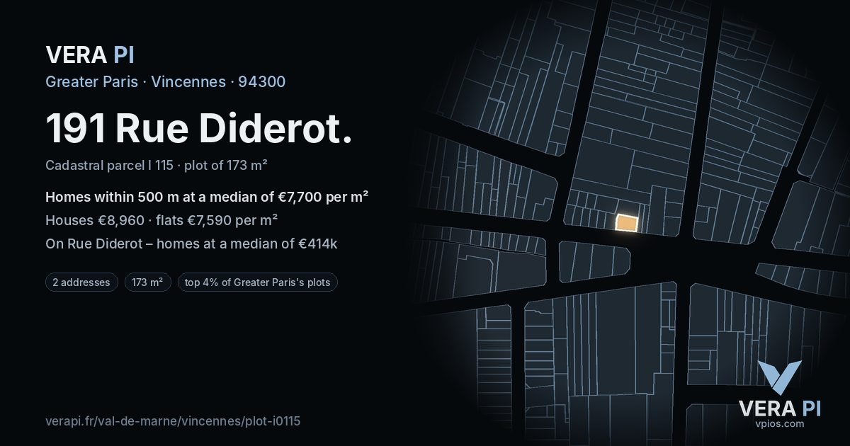 191 Rue Diderot, Vincennes at night – the plot lit, the parcels around coloured by the prices near them