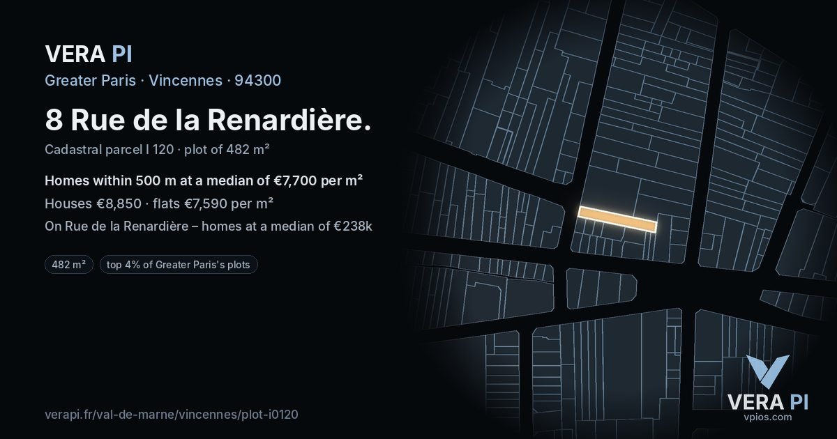 8 Rue de la Renardière, Vincennes at night – the plot lit, the parcels around coloured by the prices near them