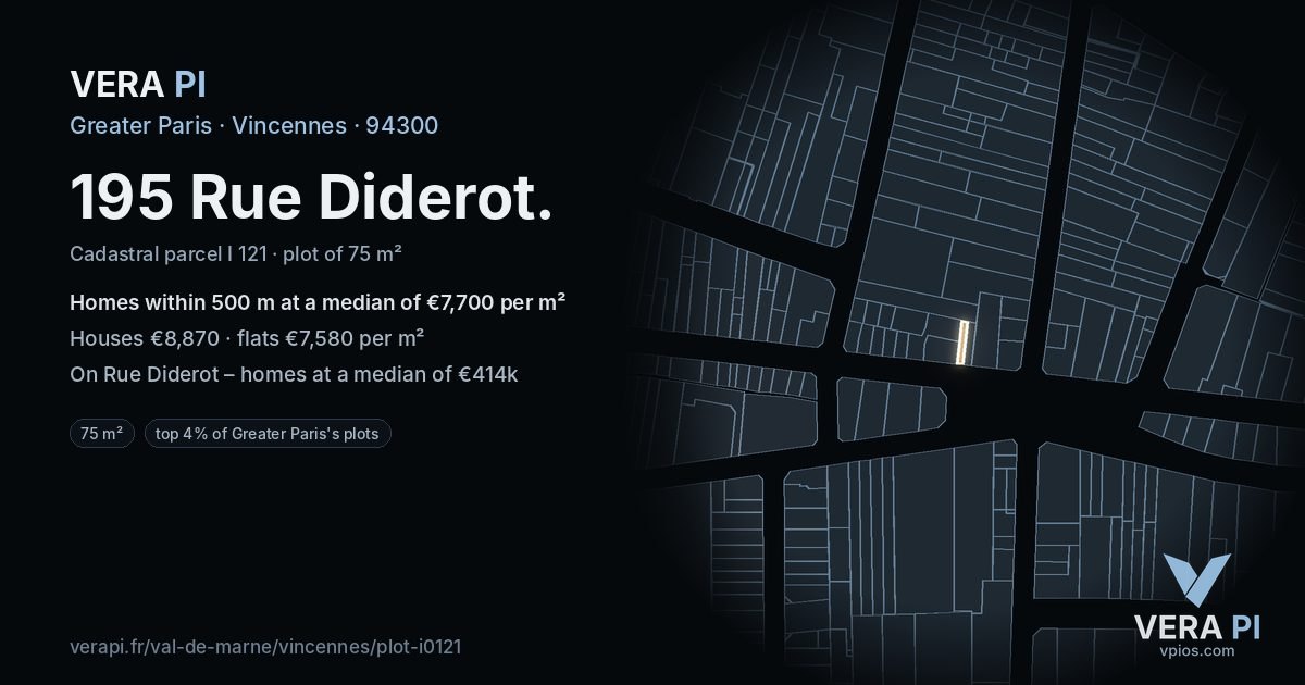 195 Rue Diderot, Vincennes at night – the plot lit, the parcels around coloured by the prices near them