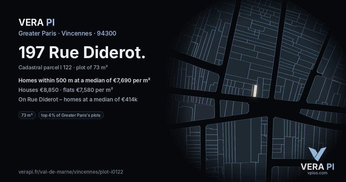 197 Rue Diderot, Vincennes at night – the plot lit, the parcels around coloured by the prices near them