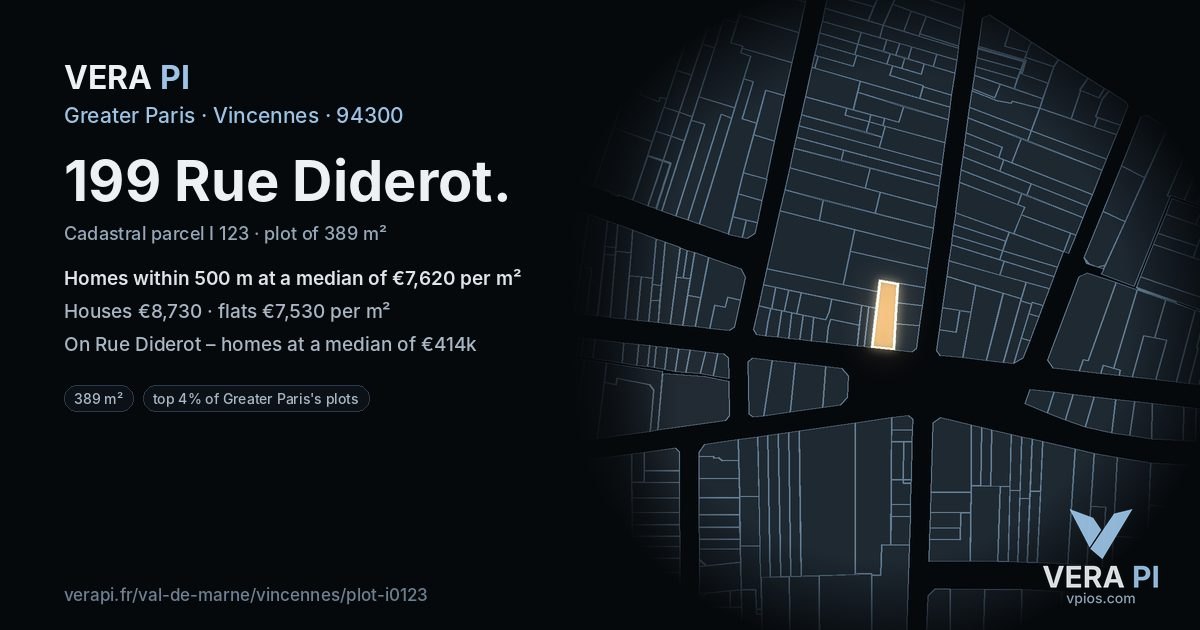 199 Rue Diderot, Vincennes at night – the plot lit, the parcels around coloured by the prices near them
