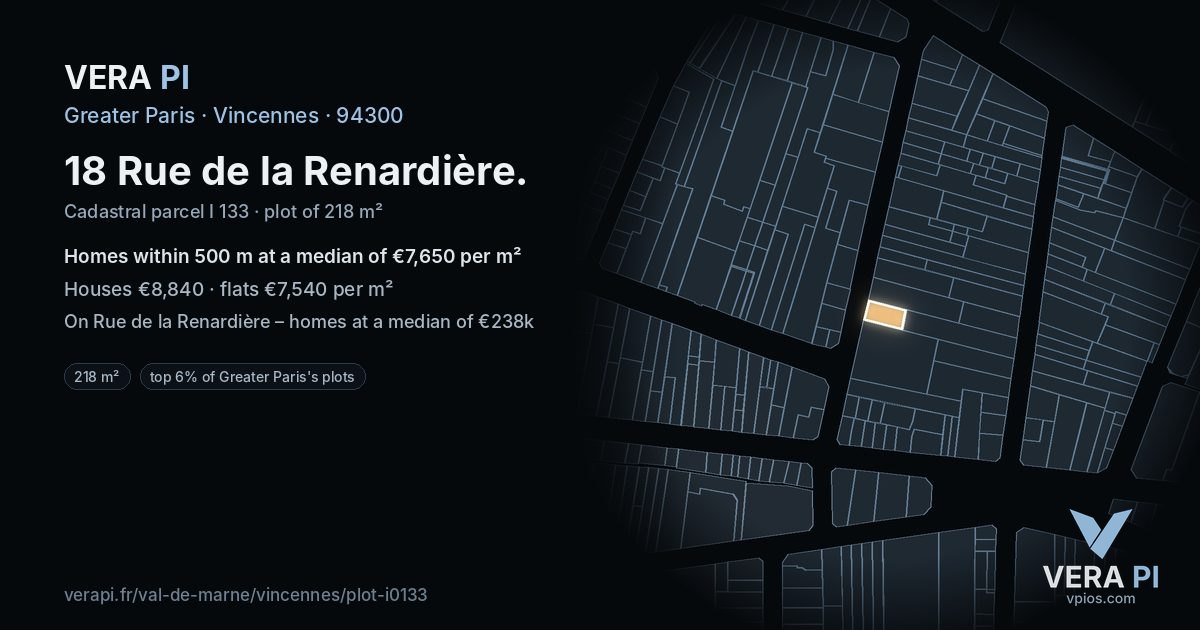 18 Rue de la Renardière, Vincennes at night – the plot lit, the parcels around coloured by the prices near them