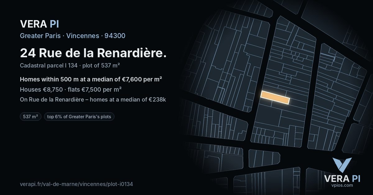 24 Rue de la Renardière, Vincennes at night – the plot lit, the parcels around coloured by the prices near them