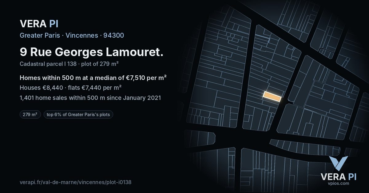 9 Rue Georges Lamouret, Vincennes at night – the plot lit, the parcels around coloured by the prices near them