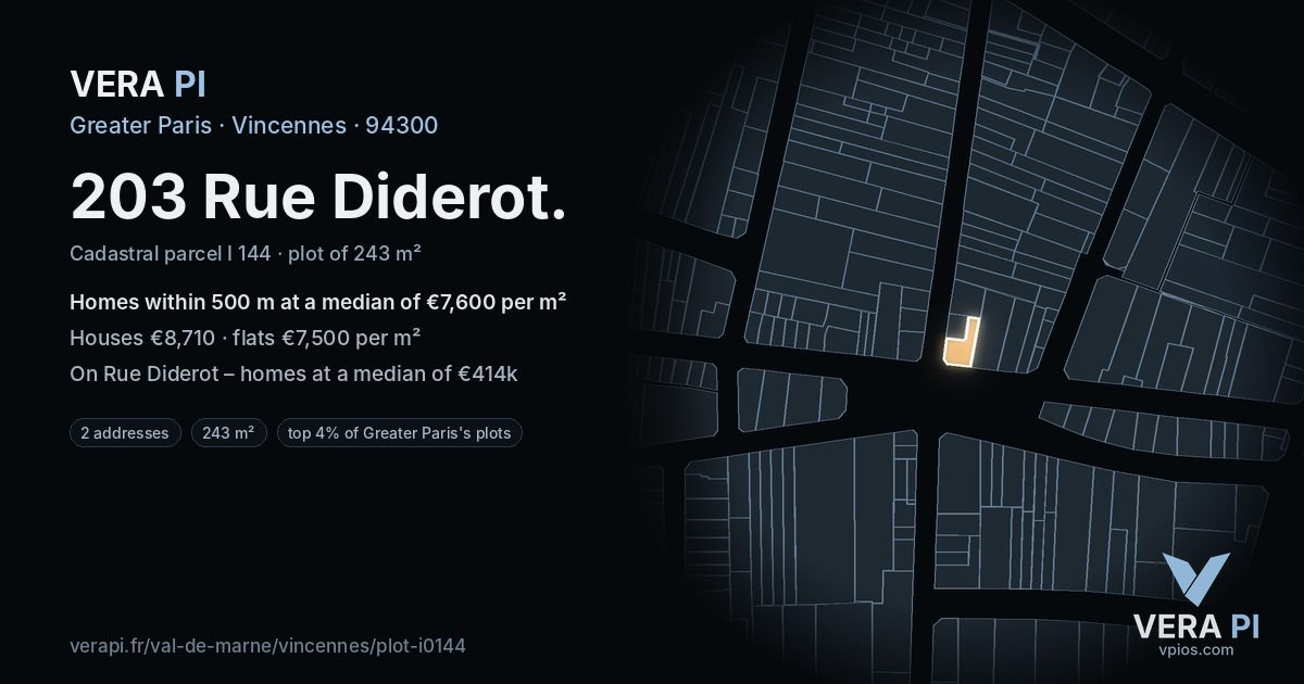 203 Rue Diderot, Vincennes at night – the plot lit, the parcels around coloured by the prices near them
