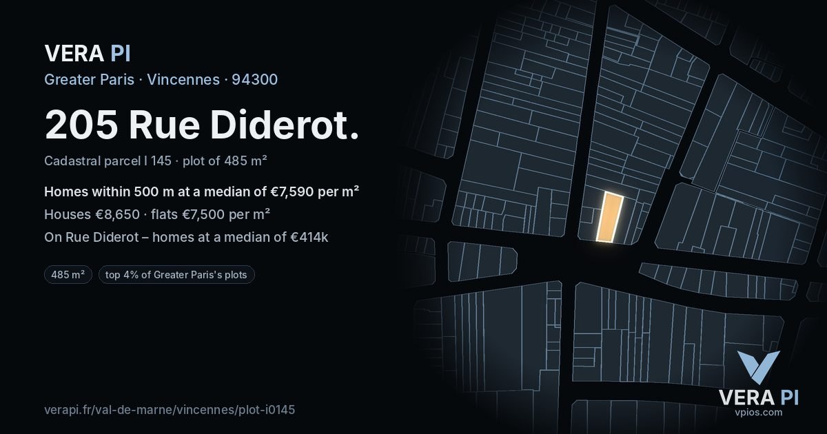 205 Rue Diderot, Vincennes at night – the plot lit, the parcels around coloured by the prices near them