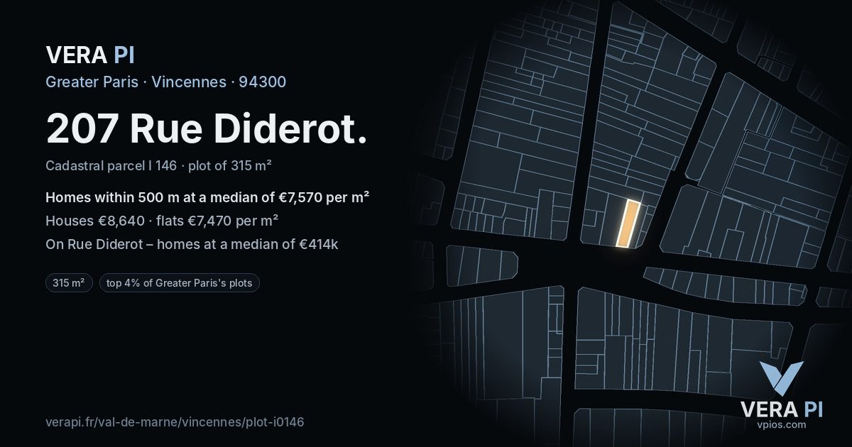 207 Rue Diderot, Vincennes at night – the plot lit, the parcels around coloured by the prices near them
