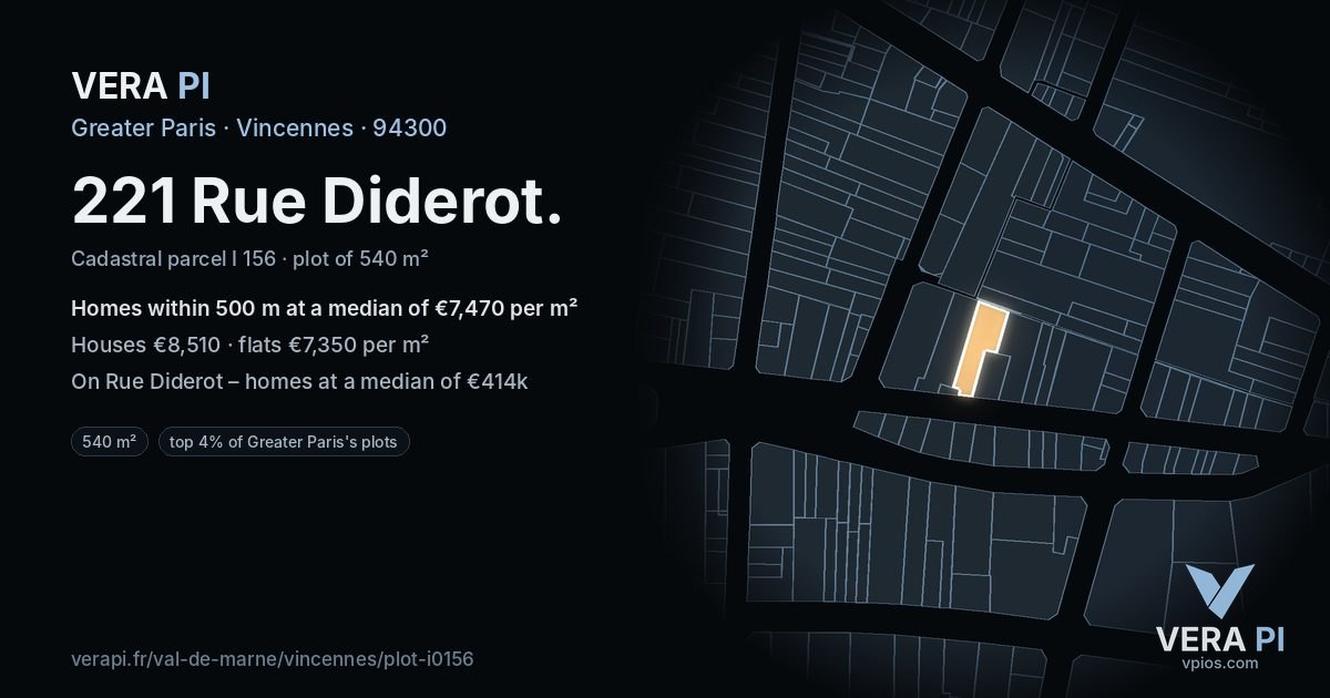 221 Rue Diderot, Vincennes at night – the plot lit, the parcels around coloured by the prices near them