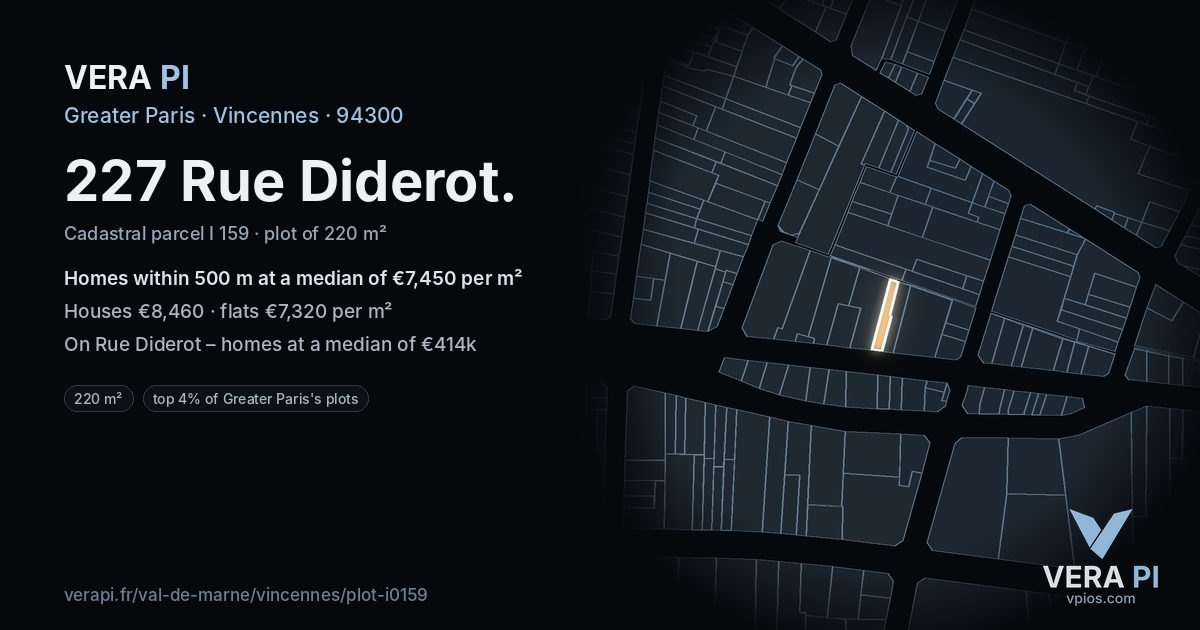 227 Rue Diderot, Vincennes at night – the plot lit, the parcels around coloured by the prices near them