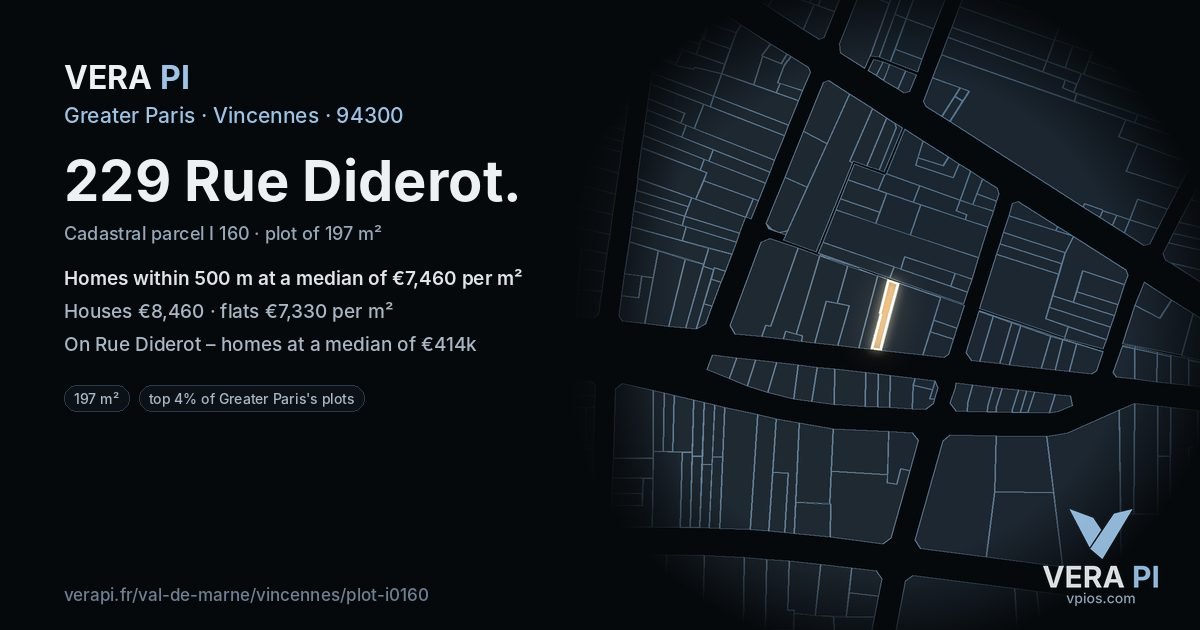 229 Rue Diderot, Vincennes at night – the plot lit, the parcels around coloured by the prices near them