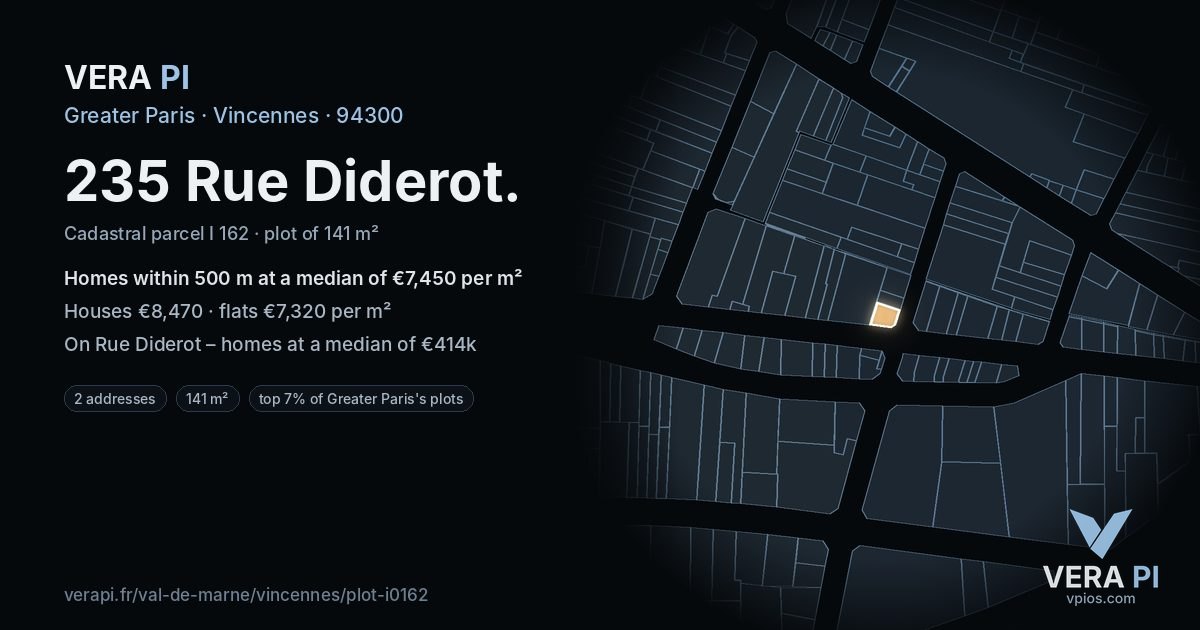 235 Rue Diderot, Vincennes at night – the plot lit, the parcels around coloured by the prices near them