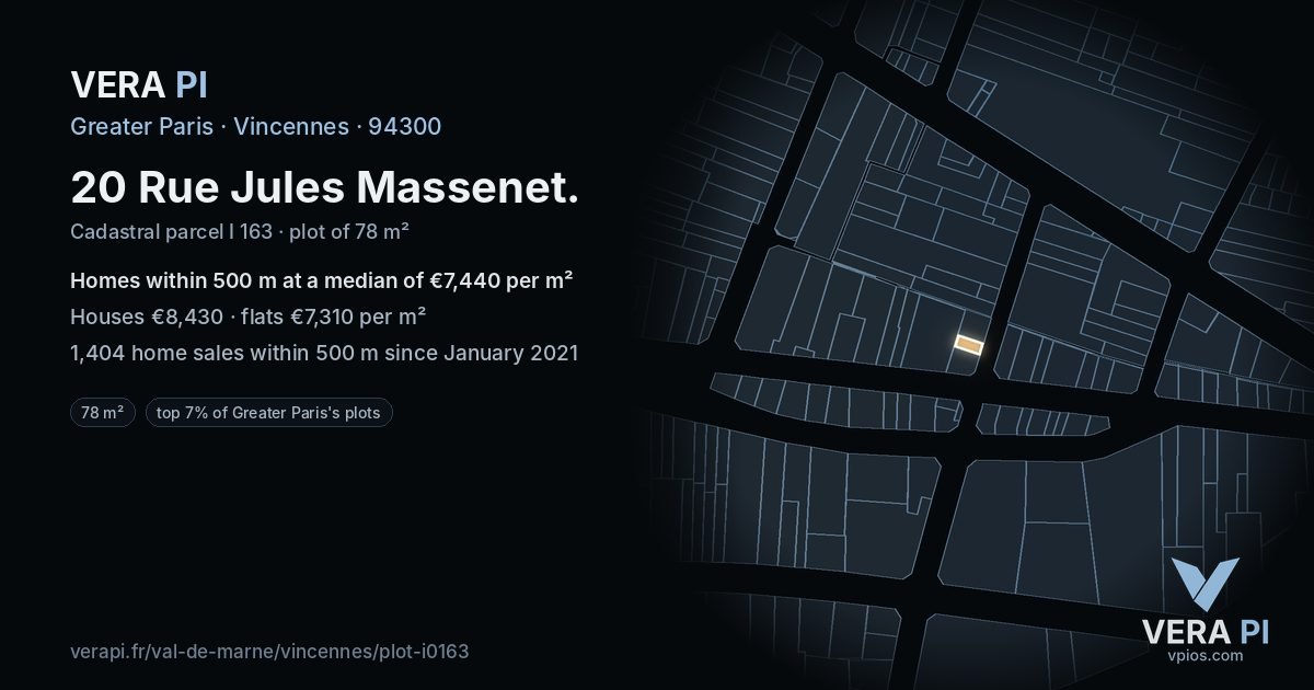 20 Rue Jules Massenet, Vincennes at night – the plot lit, the parcels around coloured by the prices near them