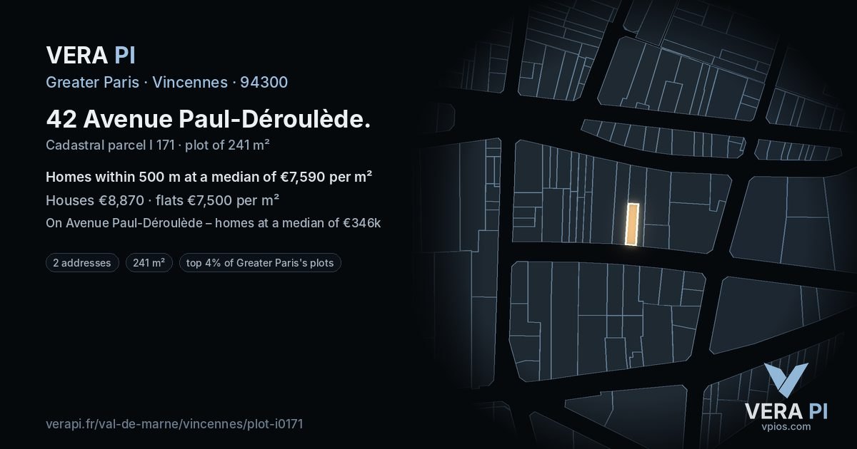 42 Avenue Paul-Déroulède, Vincennes at night – the plot lit, the parcels around coloured by the prices near them