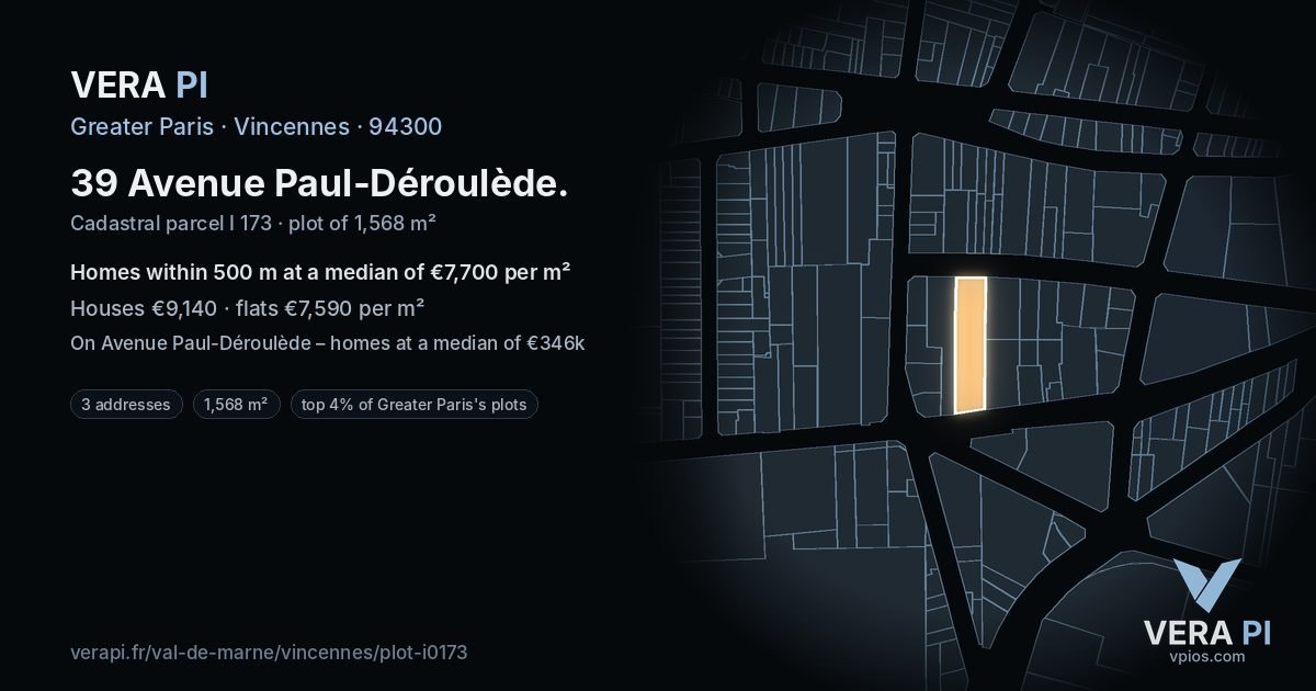 39 Avenue Paul-Déroulède, Vincennes at night – the plot lit, the parcels around coloured by the prices near them