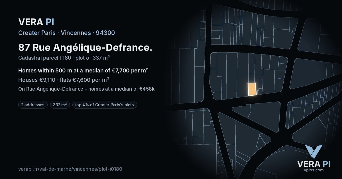 87 Rue Angélique-Defrance, Vincennes at night – the plot lit, the parcels around coloured by the prices near them