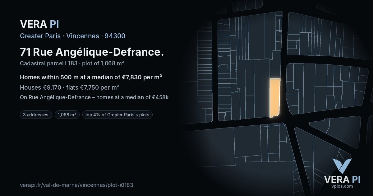 71 Rue Angélique-Defrance, Vincennes at night – the plot lit, the parcels around coloured by the prices near them