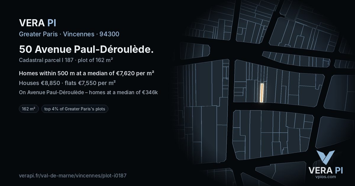 50 Avenue Paul-Déroulède, Vincennes at night – the plot lit, the parcels around coloured by the prices near them