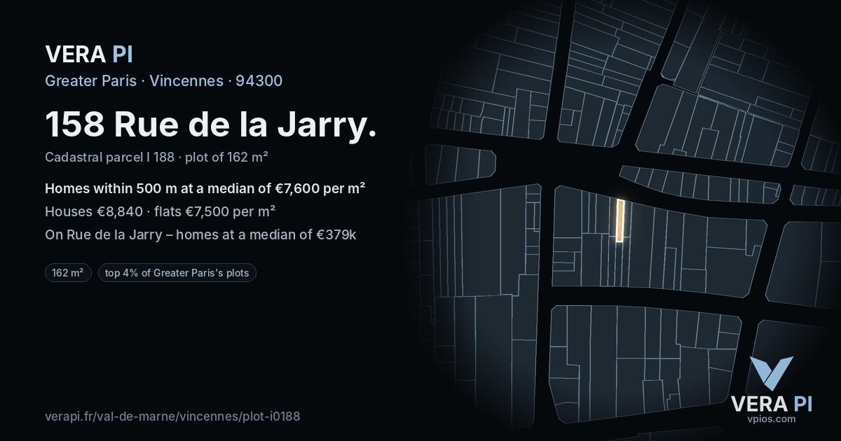 158 Rue de la Jarry, Vincennes at night – the plot lit, the parcels around coloured by the prices near them