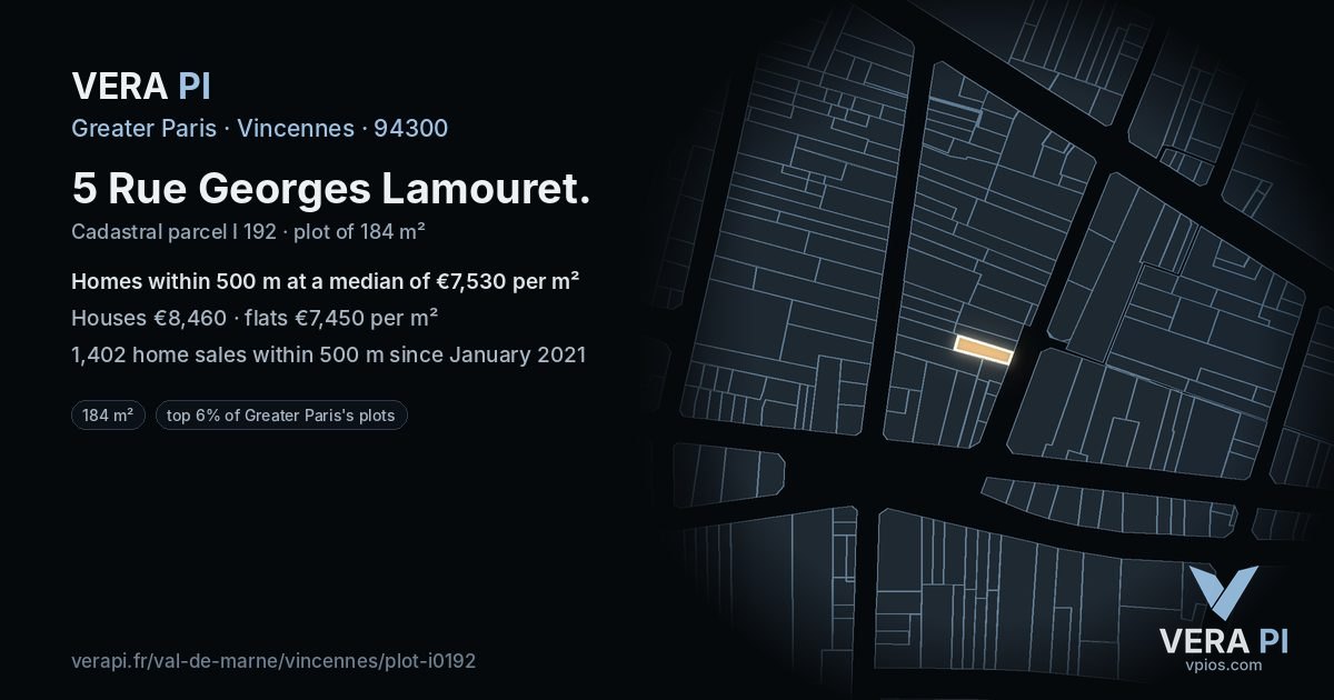 5 Rue Georges Lamouret, Vincennes at night – the plot lit, the parcels around coloured by the prices near them