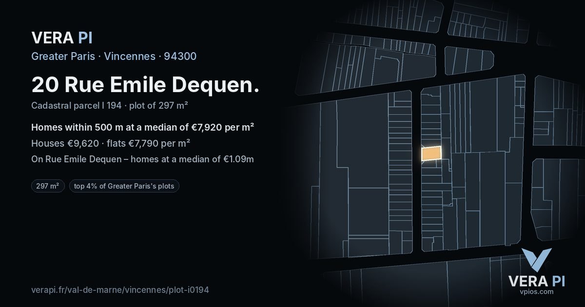 20 Rue Emile Dequen, Vincennes at night – the plot lit, the parcels around coloured by the prices near them