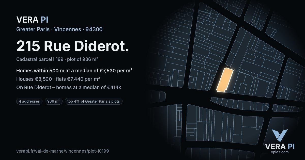 215 Rue Diderot, Vincennes at night – the plot lit, the parcels around coloured by the prices near them