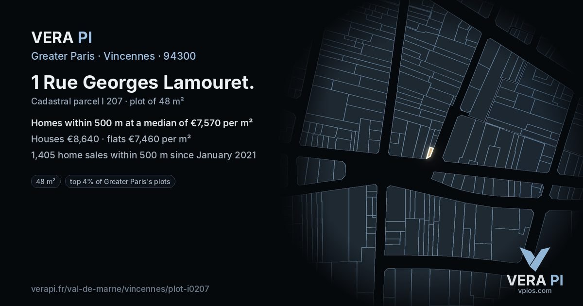 1 Rue Georges Lamouret, Vincennes at night – the plot lit, the parcels around coloured by the prices near them