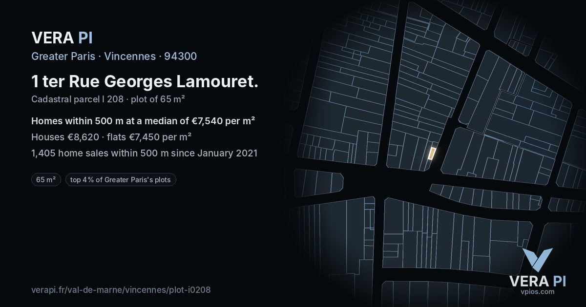 1 ter Rue Georges Lamouret, Vincennes at night – the plot lit, the parcels around coloured by the prices near them
